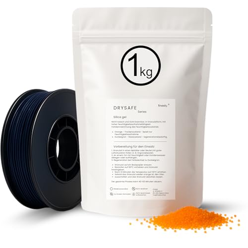 Fineely® Gel de sílice granulado de 1 kg (2-5 mm), color naranja para absorber la humedad, cambia de color a verde, regenerable en el horno, reutilizable, ideal para coches, armarios y almacenes