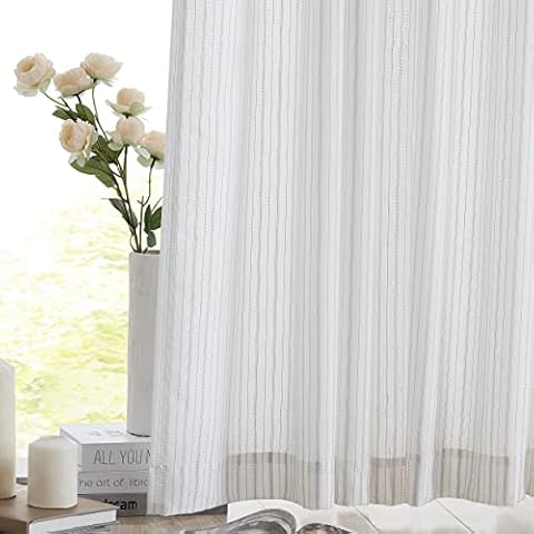 SXZJTEX Grey and White Pinstripe Linen Textured Semi Sheer Curtains, 95 Inches Long Farmhouse Stripe Curtain Panels for Living Room, Bedroom, Light Filtering Curtains Rod Pocket 2 Panels Cover