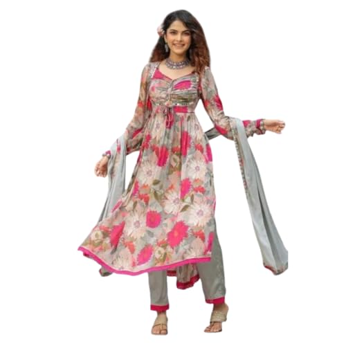 Image of KD Women's Anarkali Floral Printed Kurta Pant Set with Dupatta Anarkali Kurta for Women | Kurta Set | anarkali dress V-NACK kurtis set for women