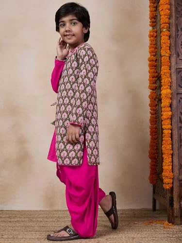 Pspeaches Boys Floral Printed Long Sleeves Straight Kurta With Dhoti Pants (7-8Years)
