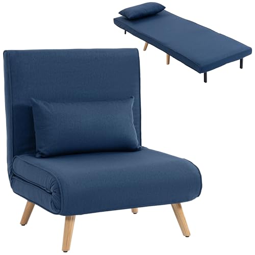 HOMCOM Sofá Cama Individual Plegable 3 en 1, Sofá Cama, Tapizado en Lino, con Respaldo Ajustable 5 Posiciones, 1 Almohada, para Dormitorio, Salón, Azul Oscuro