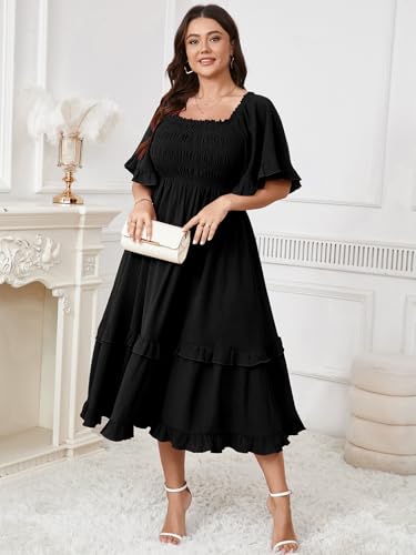 Image of SCOMCHIC Women's Plus Size Maxi Dresses Summer Short Sleeve Square Neck Smocked Wedding Guest Cocktail Boho Long Dress