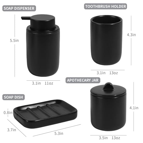 Image of BosilunLife Black Ceramic Bathroom Accessories Set of 4 | Bathroom Decor Sets Accessories Bathroom Foam Soap Dispenser and Toothbrush Holder Set, Soap Dish, Apothecary Jars.(Foam)