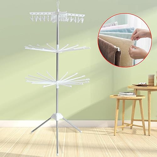 Foldable Stainless Steel Clothes Airer on Stand - 3 Tier Tripod Design with 24 Clips and 32 Supports | Retractable Towel Rail for Indoor and Outdoor Use - Image 3
