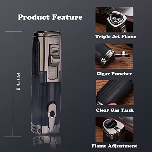 Sigarenaansteker en -snijder Set Zaklampaansteker in geschenkverpakkingen Triple 3 Jet Butaan Oplaadbare Turbo-aansteker met sigarenpunch Sigarenknipper Geschenkset (Zwart) - Afbeelding 3