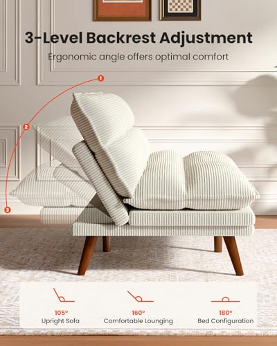Image of Amada Convertible Futon Sofa Bed - Corduroy Loveseat with Adjustable Backrest & Armrests, Thickened Seat Cushion, Small Space Sleeper Couch for Apartment, Study Room & Office（Off-White，66 Inch ）