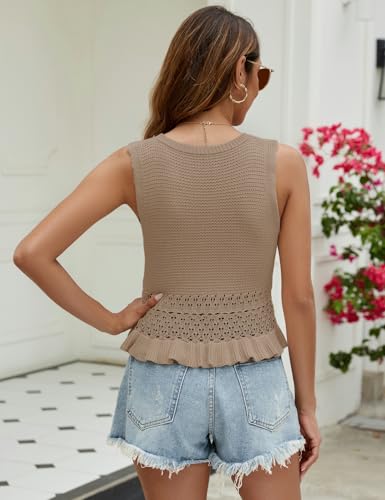 Image of VIMPUNEC Womens Crochet Crop Tank Tops Sleeveless Knit Sweater Vest Ruffle Hem Summer Top