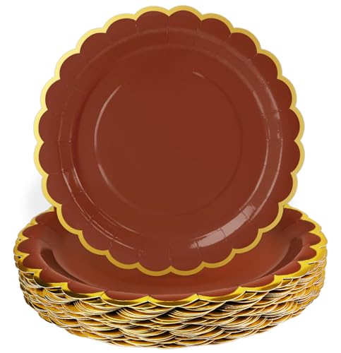 Image of HEIPINIUYE 50 Pieces Brown Paper Plates with Gold Foil 7 Inch Disposable Brown and Gold Scalloped Dinner Plates for Wedding Baby Shower Birthday Party Dessert Plate