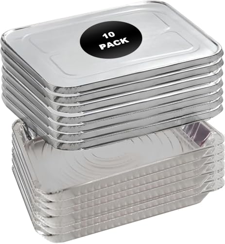 Sartenes de papel de aluminio de tamaño completo, sartén para asar con tapas, paquete de 10, '54.6 cm x 29.2 cm x 8.9 cm, duraderas, a prueba de fugas, perfectas para hornear y almacenar alimentos,
