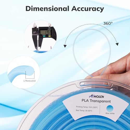 Image of AMOLEN PLA 3D Printer Filament, Clear PLA Filament 1.75mm Transparent Blue White, with Light Transmission Feature, Compatible with Most FDM Printer, PLA Transparent, 1KG /2.2lb