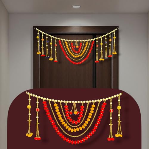 Image of iHandikart Decorative Multicolor Pom Pom and Beads Door Toran, 40 Inch Decorative Toran for Entrance, Home & Festive Decor, Traditional Toran for Diwali & Housewarming Gifts (RK-T175)