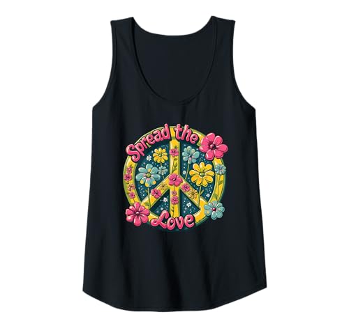 Mujer Señal de paz floral retro Spread the Love Boho Hippie Women Camiseta sin Mangas