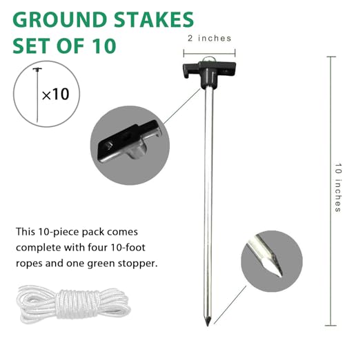 Image of Eurmax USA 10-Pack Secure Protection Galvanized Tent Stakes,Rust-Proof Steel Canopy Anchors for High Winds,Heavy Duty Commercial Ground Pegs for Camping,Pop Up Tents&Gazebos - Includes 4x10ft Ropes