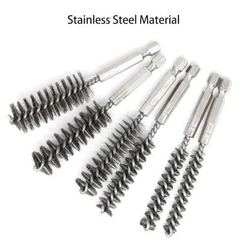 Image of 6 Pcs Bore Brush for Drill, 1 /4 inch Hex Shank Stainless Steel Twisted Wire Brush for Drill, Bristle Round Wire Brush with Different Sizes, Tube Pipe Cleaner for Rust (Diameter 8,10,12,15,17,19mm)