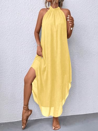 Image of Verdusa Women's Wedding Guest Dress Halter Flowy Chiffon Long Dresses | Cocktail Dress, Asymmetrical Dress for Women, Sleeveless, Prom Dress, Cruise Outfits, Boho