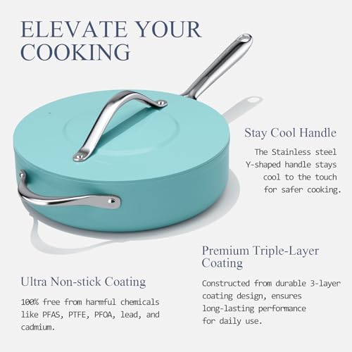Image of CookinCraze 4.5 QT Ceramic Saute Pan with Lid, Nonstick Deep Frying Pan