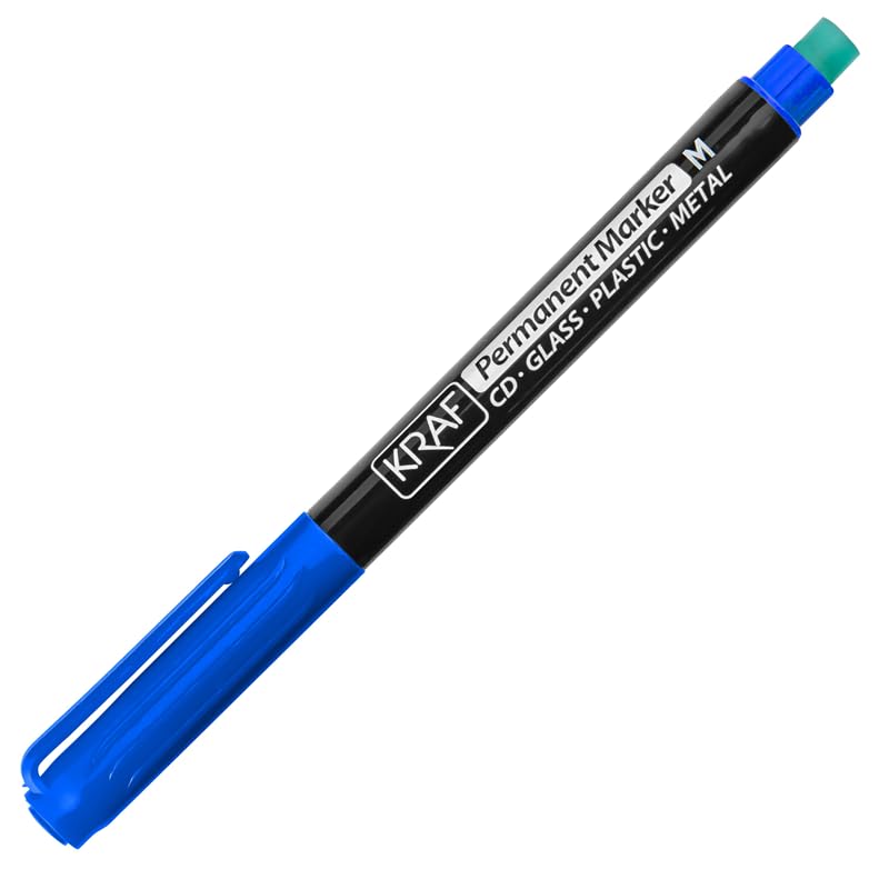 Kraf Permanent Marker, Mavi, Orta Uç (M), Silgili, CD/DVD/Cam/Plastik/Metal Yüzeyler İçin, 12'li Paket