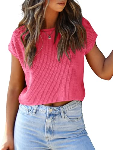 Image of LCXWFE Womens Summer Cropped Sweater Vest Trendy Cap Sleeve Crop Tops Crew Neck Loose Knit Tank Top