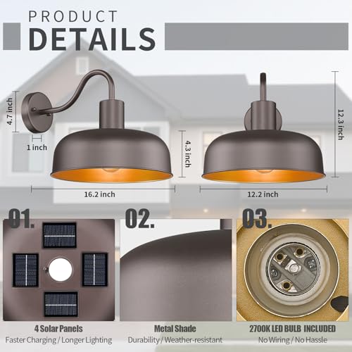 Image of Darkaway Solar Barn Light for Outdoor, Dusk to Dawn Outside Wall Lights Solar Powered, Industrial Gooseneck Bronze Exterior Wall Sconce for Shed House Porch Garage,2 Pack