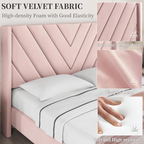 Image of Yaheetech Queen Bed Frame Upholstered Platform Bed /Wooden Slat Support /Tufted Headboard with Wing Side /Mattress Foundation /No Box Spring Needed,Pink Queen