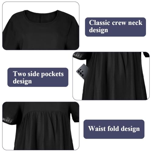 BSBUY Vestido Camiseta Mujer Manga Corta, Vestido Mujer Verano en Talla Grandes, Casual Vestidos Hasta la Rodilla para Mujer, con Plisado, con Bolsillos y Cuello Redondo, Negro-XL