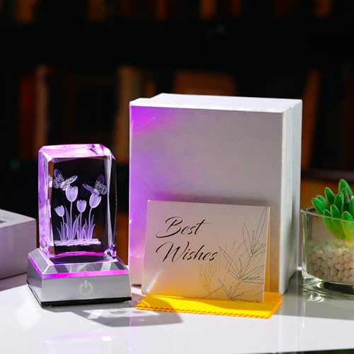 Image of Ornalrist Tulip Gifts for Women: Crystal Engraved Tulip with Light Base for Mom, Lady, Girl, Friend, Home Office Decor