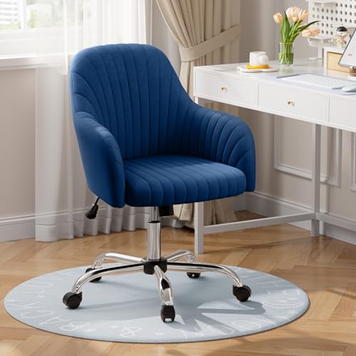 Warmiehomy Velvet Desk Chair for Home Office, Modern Adjustable Swivel Task Chair, Women Vanity Chairs with Arm Rest for Bedroom Dressing Room, Dark Blue