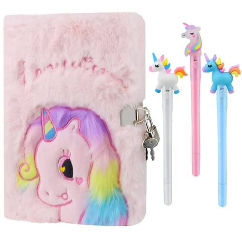 Fosgoit Unicorn Diary for Girls with Lock and Keys, Unicorn Journal with 3 Pieces Random Unicorn Glowing Pens for Kids, Magic Unicorn Notebook Plush Secret Diary for Adults, Unicorn Gifts for Girls