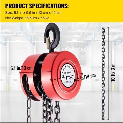 Image of Jawsons Hand Chain Hoist 1 Ton (4400Lbs)- Manual Steel Chain Block Hoist with 10ft /3mtr Lifting Height and Industrial Grade Steel Construction, Ideal for Construction, Garages, Warehouses