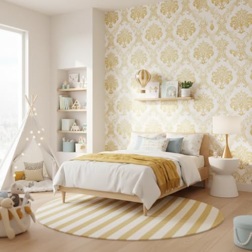 Image of White Golden Luxury Floral Damask Pattern Wallpaper 45x300cm | Self-Adhesive Wall Sticker | Decorative Vinyl Paper for Living Room, Sofa Background & Hallway Decor