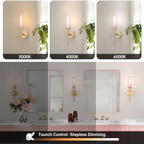 Image of Shenmoyl Battery Operated Wall Sconces Set of 2, Gold Rechargeable Wall Lighting Fixtures, Dimmable Wall Lights with Remote & Pink Glass Shade for Living Room, Bathroom,Bedroom