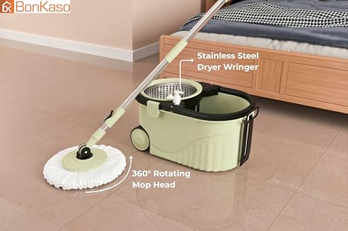 Image of Bonkaso Spin Mop with Stainless Steel Wringer & Big Wheels | 360 Rotating Mop, Adjustable Handle | Easy Floor Cleaning Bucket Set with 2 Microfiber Refills - Mint Green & Black (46 x 26.5 x 23 cm)