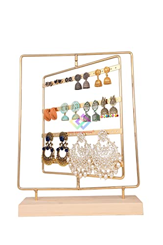 Image of Wooden Metal Earring Stand Gold Metal Chrome Finished Wooden Jewellery Display Stand