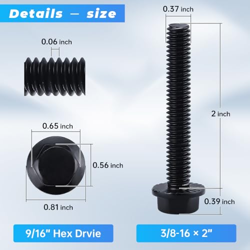 Image of Glvaner 3 /8-16 x 2 (10 pcs) Stainless Steel Serrated Flanged Hex Head Bolts Bolts, 18-8 (304) Stainless Steel, Full Thread, Black Coated