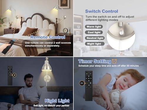 Image of GOODATE 1 Pack Plug in Wall Sconce with Remote, Dimmable, Adjustable Colors, Swing Arm Wall Lamp, Plug in Wall Light with Timer & Night Light (Brushed Nickel, with Bulb+Remote)