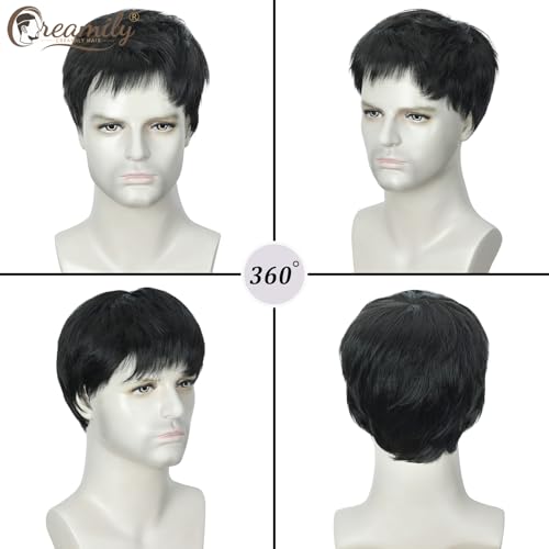 Image of Creamily Black Short Straight Hair Wig for Men, Natural Looking Full Head Wig for Men, Comfortable Artificial Realistic Hair Wig Male for Daily Party (Black, 8 Inches)