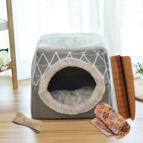 猫ハウス 猫ベッド ペットハウス 犬 ハウス ベッド 犬小屋 小型犬 多用 2WAY キャットハウス 可愛い 柔らか 水洗え 滑り止め 小型犬 キャット ペット小屋 室内用 クッション付き 保温防寒 洗える 綿質 ペット用品 (グレーの4点セット,XL)