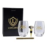 LUXLOVE - Mr. and Mrs. Tumbler Wine Glasses Set for Couples. Includes a Mr. and Mrs. Wine Stopper and Gift Box. A Great Gift For Weddings, Bridal Shower, Engagement, or Anniversary.