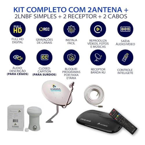Kit Completo Vivensis, Receptor Satélite SATHD VX10, 2 Antenas Banda Ku 60cm, 2 LNBFs Simples, 2 Cab