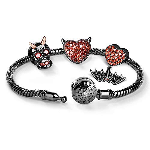 GNOCE Black Charm Bracelet for Women Men 925 Sterling Silver Snake Chain Bracelet with Skull Heart Bat Charm Bead Basic Charm Bangle with Clasp2