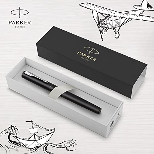 Pluma-estilografica-Vector-XL-de-plumin-fino-Laca-de-color-negro-metalico-sobre-laton-con-detalle-en-cromo-Plumin-fino-con-recambio-de-tinta-azul-Estuche-de-regalo