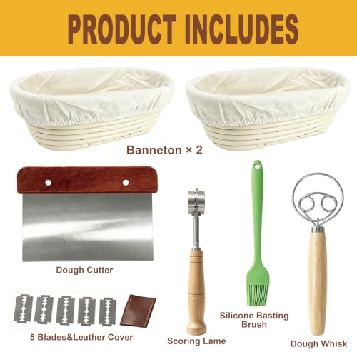 Image of 2 Pack 10 Inch Oval Sourdough Banneton Bread Proofing Basket Set with Bread Lame, Scrapers, Danish Whisk & Flour Brush