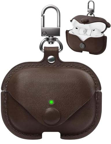 Image of Leather Case for AirPods Pro 3 (2025) | Premium Protective Cover with Snap Lock & Keychain | Shockproof Wireless Charging Compatible Case (Dark Brown)