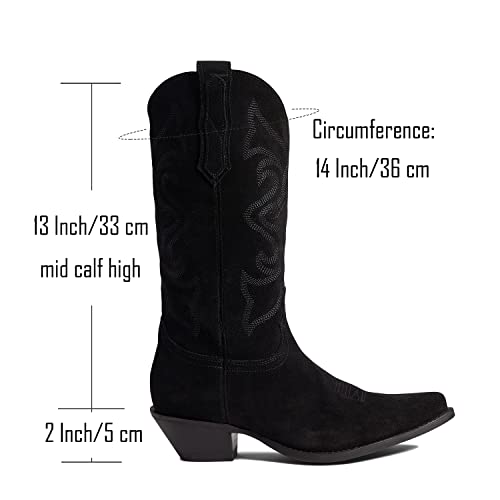 Image of LEHOOR Cowboy Boots Women Embroidered Mid Calf Western Boots Stacked Low Heel Pointed Toe Pull On Cowgirl Boot 4-11 M US
