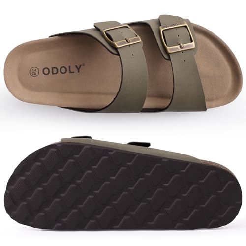 Image of ODOLY Unisex Comfortable Cork Footbed Slide Sandals with Arch Support | Adjustable Buckle, Lightweight Summer Sandals for Travel and Everyday Wear