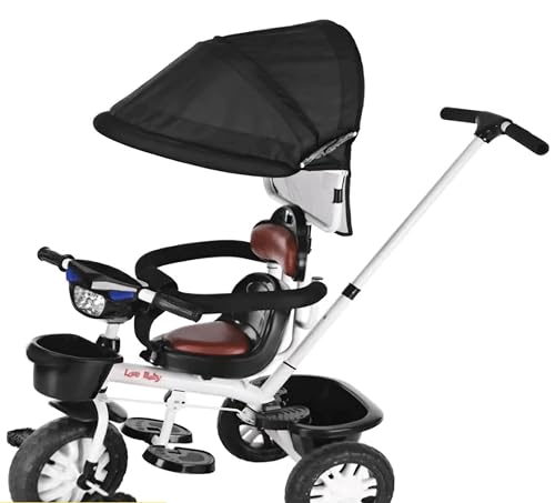 Image of Love Baby Kids Tricycle with Sunroof, Rotational Leather Seat, Light Music, Removable Canopy, Push Handle for 1 Year+ & 2 Year+ Toddlers, Preschoolers (Black)