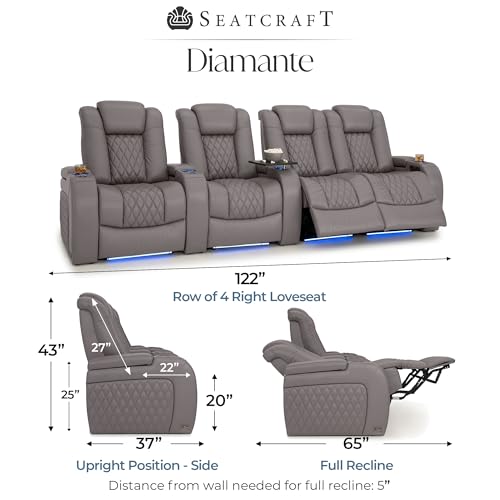 Image of Seatcraft Diamante Gray Italian Leather Home Theater Seating, Zero Gravity Power Recliner Gaming and Home Office Chair, Powered Headrest Lounge Sofa Furniture for Cinema Room, Row of 4 Right Loveseats
