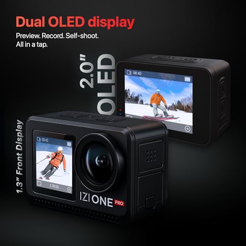 Image of IZI One Pro 5.7k Action Camera | Ultra HD Sony STARVIS Sensor | 20M Body Waterproof | 2 x Battery with 240min Recording | Dual OLED, 6-Axis Gyro Stabilisation | HQ Mic Support | Reels, Vlogs & Bikes