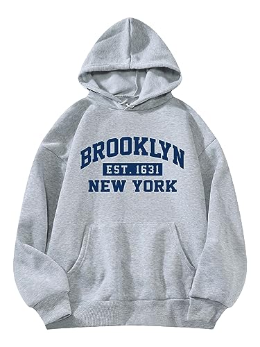 SHENHE Women's Letter Print Long Sleeve Drawstring Pullover Hoodie Sweatshirt Tops Blue Light Grey M