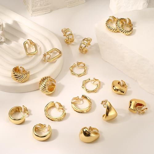 THUNARAZ 9 Pairs Clip on Earrings for Women 14K Gold Plated Chunky Hoop Clips Earring Trendy Clip on Hoop Earrings for Women Non-Pierced Fake Jewelry by THUNARAZ - Image 6